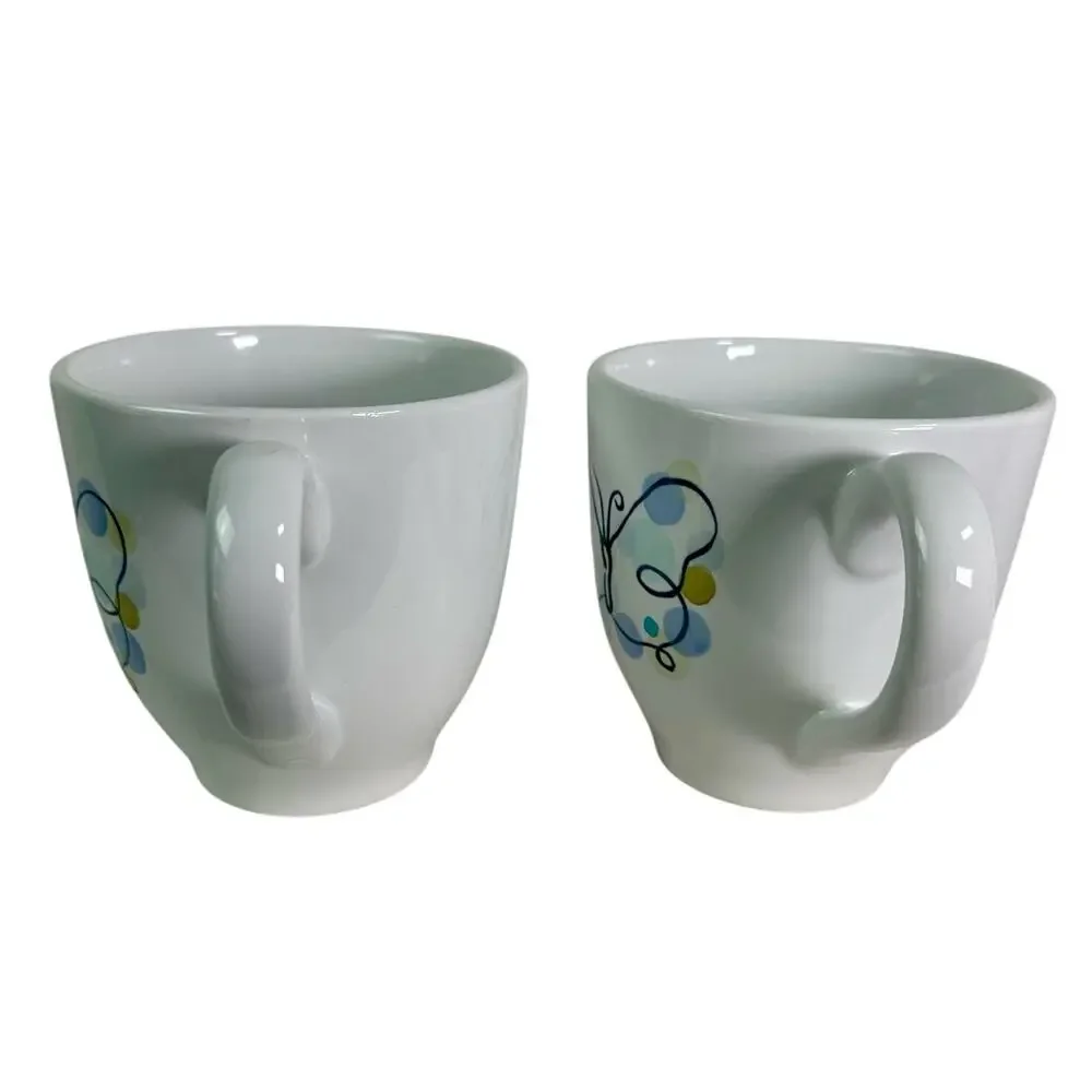 Pottery Barn Set Of 2 Ceramic Butterfly 16 Oz Coffee Mugs White Whimsical